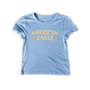 Women's‎ American Eagle Blue Baby Tee Logo Flower Summer Cropped Size Small